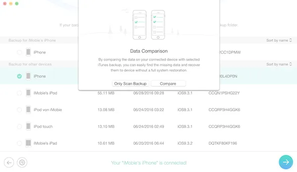 Porównaj dane kopii zapasowej telefonu i iTunes