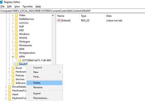 Usuń klucz rejestru WindowsPE MiniNT
