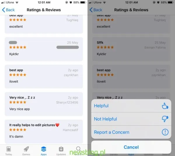 Zgłaszanie recenzji spamu w App Store