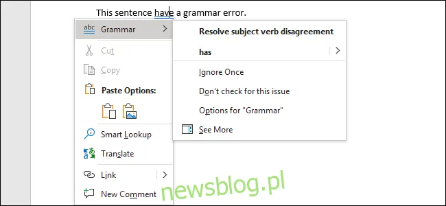 Naprawianie błędu gramatycznego w programie Word 2019 dla Office 365
