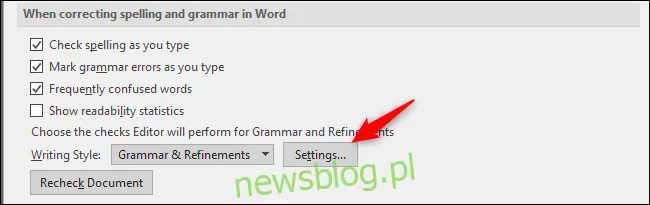 ustawienia sprawdzania pisowni i gramatyki