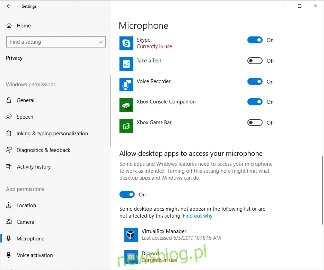 Które aplikacje używają obecnie Twojego mikrofonu w aplikacji Ustawienia systemu Windows 10