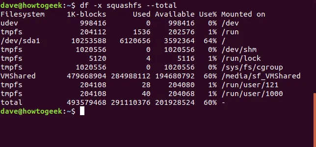 Wyjście z polecenia df z opcjami df -x squashfs --total