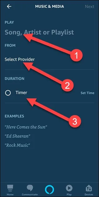 Okno dialogowe Muzyka i multimedia ze strzałkami wskazującymi opcje Play, Provider i Timer.