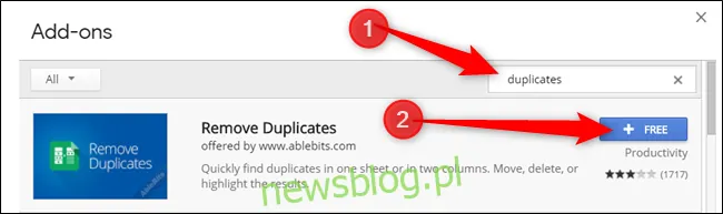 Wpisz Duplicates w pasku wyszukiwania, a następnie kliknij opcję Free w dodatku, który chcesz zainstalować