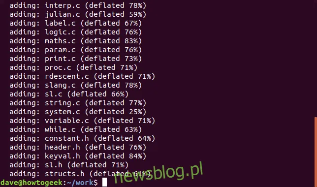 wyjście z polecenia zip w oknie terminala