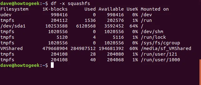 Wyjście z polecenia df z opcjami df -x squashfs
