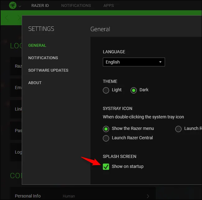 Opcja wyłączenia wyskakującego ekranu powitalnego Razer