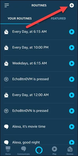 Menu Alexa Routines ze strzałką wskazującą Plus w prawym górnym rogu.