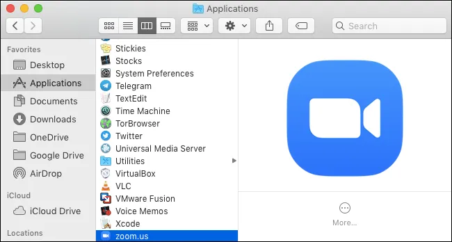 Zoom w folderze Aplikacje Mac