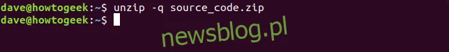 unzip -q opcja w oknie terminala