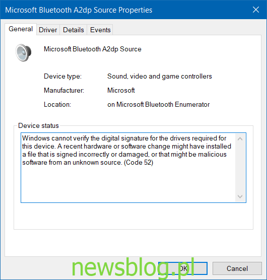 Źródło Microsoft Bluetooth A2dp nie działa poprawnie (kod 52)