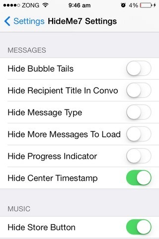 HideMe7 iOS Ustawienia wiadomości