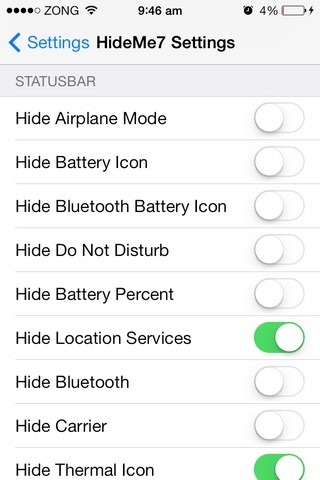 HideMe7 iOS Ustawienia paska stanu