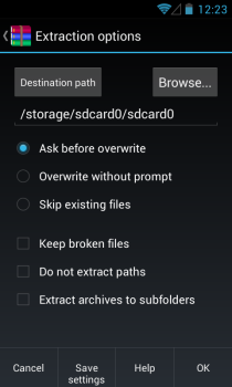 RAR dla Android_Extraction Options