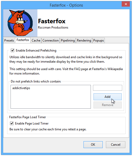 Fasterfox - Opcje - Wstępne pobieranie