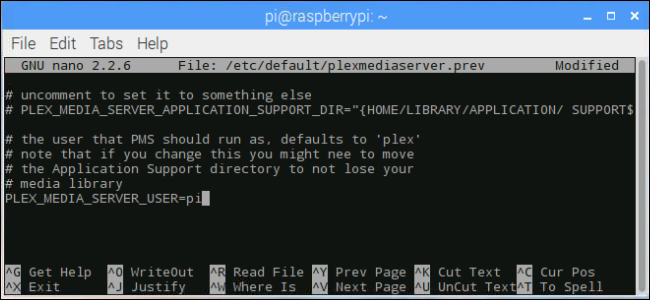 okno terminala: zmiana Plex na Pi jako użytkownik