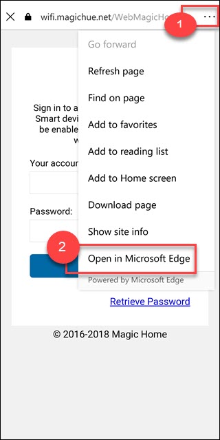 Strona konfiguracji konta z trzema kropkami i Otwórz w Microsoft Edge w pudełku