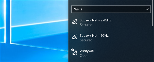 Menu połączenia sieci Wi-Fi w systemie Windows 10