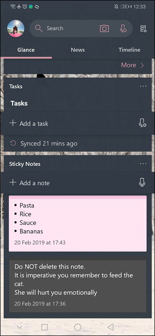 Microsoft Launcher Feed z Sticky Notes