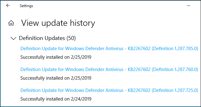 Historia aktualizacji pokazująca aktualizacje definicji złośliwego oprogramowania w systemie Windows 10