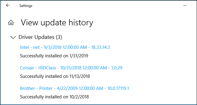 Historia aktualizacji sterowników w ustawieniach systemu Windows 10