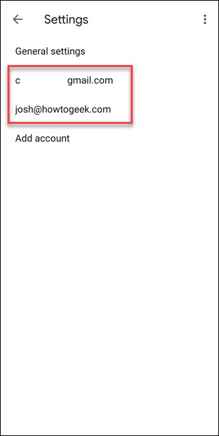 Strona ustawień Gmaila z ramką wokół kont e-mail