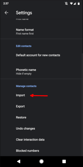 Menu ustawień kontaktów Androida