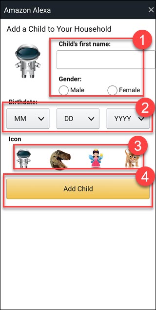 Alexa Dodaj okno dialogowe dziecka z polami wokół imienia i nazwiska, płci, daty urodzenia, ikony i przycisku dodawania dziecka