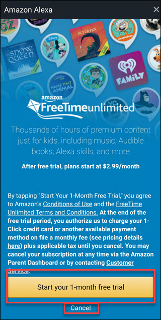 Ekran oferty Freetime Unlimited z polami wokół Rozpocznij swój miesięczny bezpłatny okres próbny i anuluj opcje