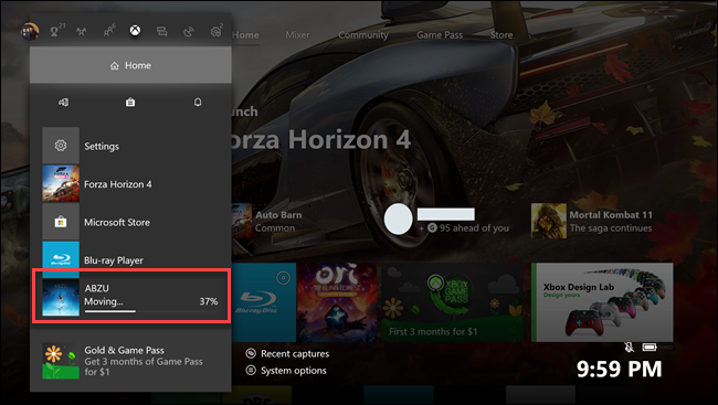 Domowe podmenu Xbox One z objaśnieniem dotyczącym gry Abzu w transferze.