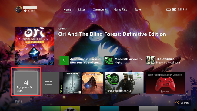 Aplikacja Xbox One z ramką wokół opcji Moje gry i aplikacje.