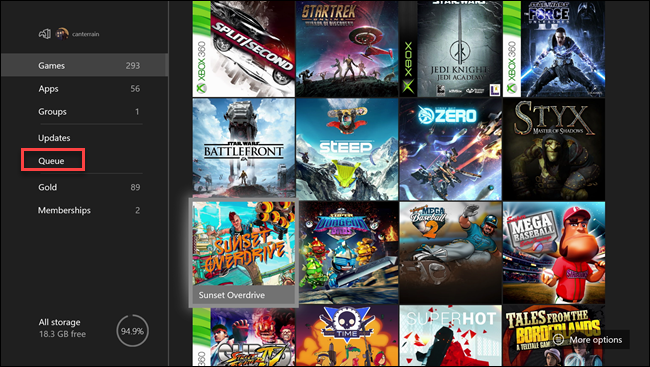 Menu moich gier i aplikacji na konsoli Xbox z opcją ramki wokół kolejki.