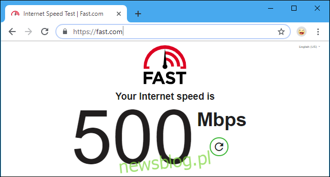 Test prędkości Netflix Fast.com pokazujący 500 Mb / s