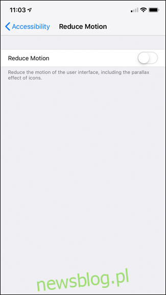Zrzut ekranu strony Reduce Motion iPhone'a.