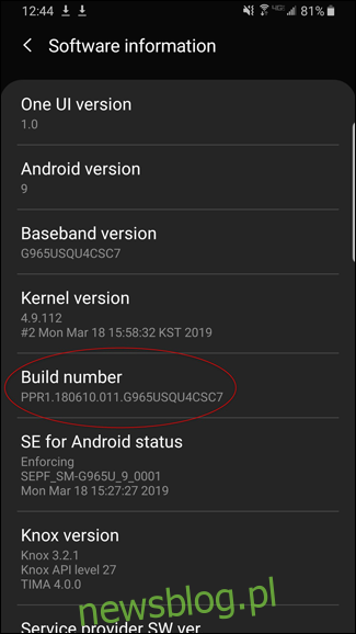 Opcja numeru kompilacji w ustawieniach telefonu z systemem Android