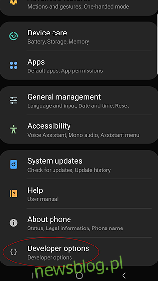 Zrzut ekranu strony ustawień Androida z dostępnymi opcjami programisty