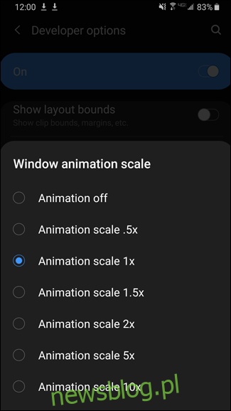 Różne opcje skalowania animacji okien w systemie Android