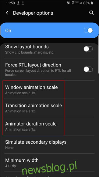 Ustawienia skali animacji na ekranie opcji programisty Androida.