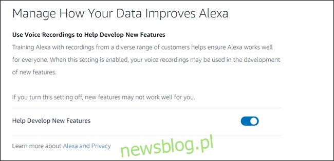 Pulpit nawigacyjny prywatności Alexa z przełącznikiem „pomoc w opracowywaniu nowych funkcji”.