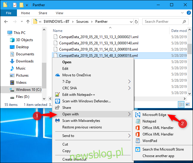 Otwieranie pliku dziennika CompatData XML w systemie Windows 10