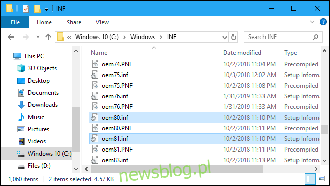 Pliki OEM INF w folderze systemowym Windows 10