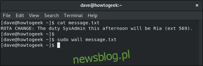 polecenie wall używane z plikiem tekstowym w oknie terminala