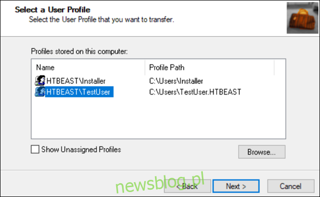 Okno dialogowe wyboru profilu Transwiz z wybranym profilem TestUser.