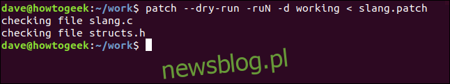 patch --dry-run -ruN -d działa <slang.patch w oknie terminala