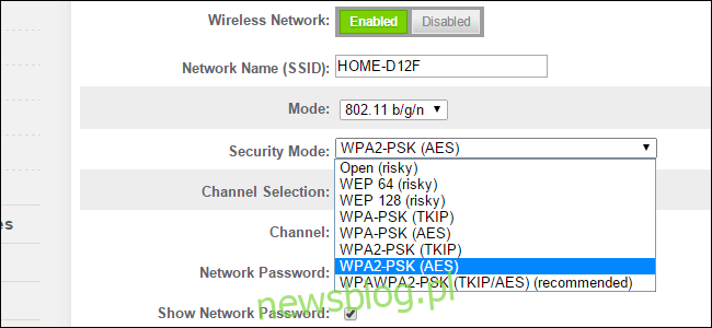 Router ustawia opcje bezpieczeństwa, pokazując kilka różnych opcji szyfrowania.