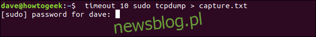 timeout 10 sudo tcpdump> capture.txt w oknie terminala ”width =” 646 ″ height = ”77 ″ onload =” pagespeed.lazyLoadImages.loadIfVisibleAndMaybeBeacon (this); ”  onerror = ”this.onerror = null; pagespeed.lazyLoadImages.loadIfVisibleAndMaybeBeacon (this);”> </p>
<p> (tcpdump ma własne opcje zapisywania przechwyconego ruchu sieciowego do pliku. To szybki hack, ponieważ ponownie omawiamy limit czasu, a nie tcpdump.) </p>
<p> tcpdump zaczyna przechwytywać ruch sieciowy i czekamy 10 sekund.  I pojawia się i znika 10 sekund, a tcpdump nadal działa, a rozmiar pliku capture.txt wciąż rośnie.  Aby zatrzymać tcpdump, potrzeba pospiesznego Ctrl + C. </p>
<p> Sprawdzenie rozmiaru pliku capture.txt za pomocą ls pokazuje, że w ciągu kilku sekund urósł on do 209K.  Ten plik szybko się rozrastał! </p>
<pre> ls -lh capture.txt </pre>
<p> <img loading =