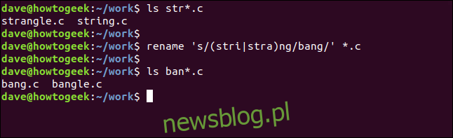zmień nazwę 's / (stri | stra) ng / bang /' * .c w oknie terminala