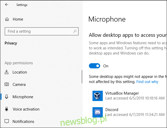 Okienko prywatności mikrofonu systemu Windows 10 pokazujące, kiedy aplikacje ostatnio uzyskiwały dostęp do mikrofonu komputera
