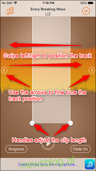 Interfejs kontroluje pozycjonowanie ścieżki i długość klipu.
